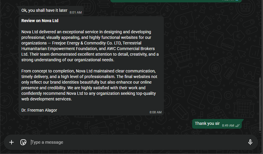 WhatsApp review from Dr. Freeman Alagor